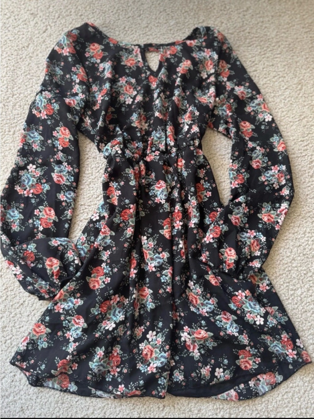 Vintage 2000s wet seal Black Floral Long Sleeve Girls Dress with Pink and Green